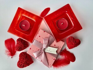 Red hearts Valentine&rsquo;s Day decoration on a light background. Romantic holiday concept symbolizing love, romance, and affection. Ideal for greeting cards, invitations, social media, advertising, brandi