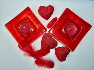 Red hearts Valentine&rsquo;s Day decoration on a light background. Romantic holiday concept symbolizing love, romance, and affection. Ideal for greeting cards, invitations, social media, advertising, brandi