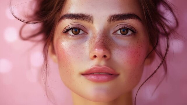 Young woman with light skin and brown eyes shows simple beauty makeup on pink background in beauty tutorial