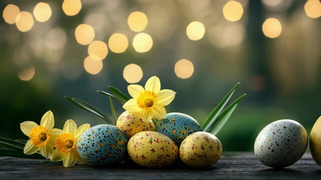 Colorful Easter eggs and flowers on a wooden table with soft background lights during spring season