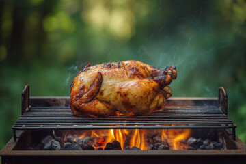 Roasted chicken on grill, outdoor cooking, golden brown, natural background