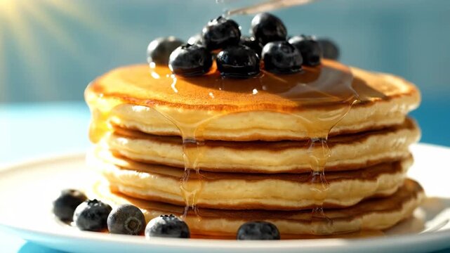 Pancake preparation sequence for a delicious breakfast. A fresh stack of flapjacks is topped with blueberries and maple syrup before being eaten with a fork on a sunny morning