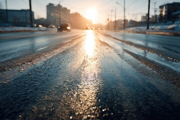 Morning City Traffic on Wet Roads with Sunlight Reflection