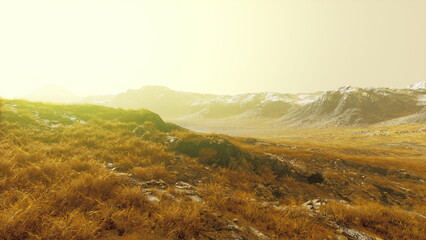 Obraz premium A vast landscape glows golden as the sun sets, casting shadows over rocky terrain and rolling hills. Grassy patches add depth to this serene scene, creating a peaceful atmosphere.