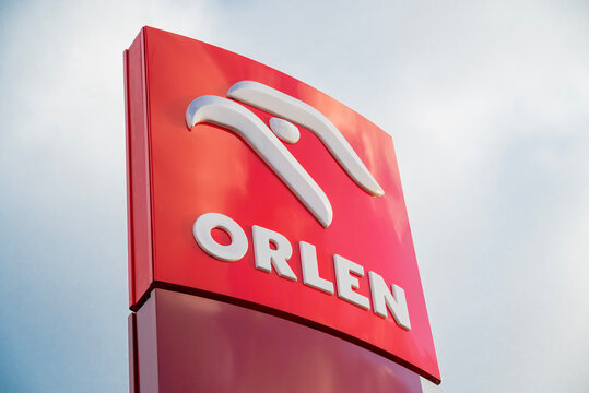 Gdansk, Poland, December 28, 2025, the emblem of the Orlen petrol station