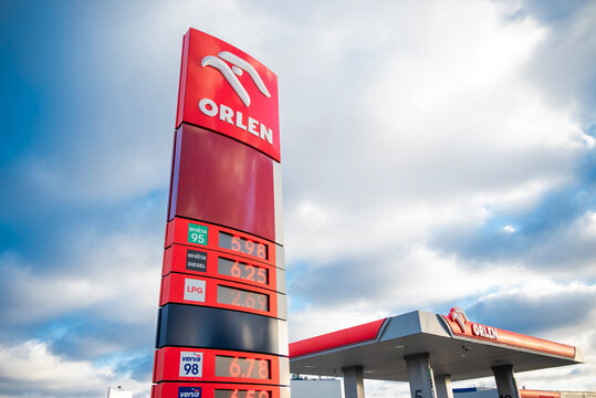Gdansk, Poland, December 28, 2025, the emblem of the Orlen petrol station