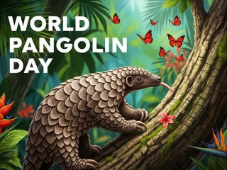 Curious Pangolin Climbs Tree Branch Surrounded by Tropical Wildlife