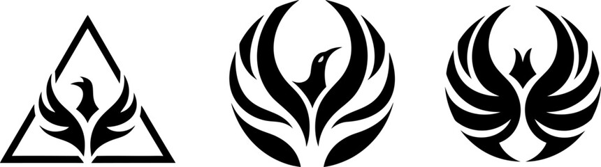 Obraz premium Geometric phoenix symbol, mythological bird icon, monochrome triangle design. Stylish black white logo, simple sign of strength, power. Creative geometric phoenix symbol.