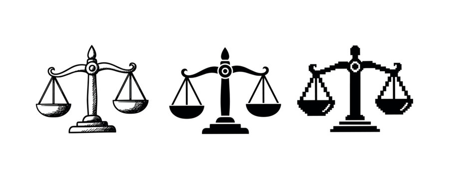 Set of three different justice balance scales icon designs on white background