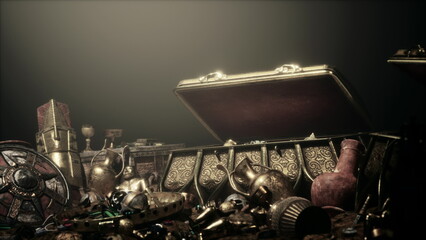 A hidden treasure trove filled with gleaming gold, intricate jewelry, and ancient artifacts is illuminated in a dark chamber, revealing the wonders of a lost civilization waiting to be explored. © icetray