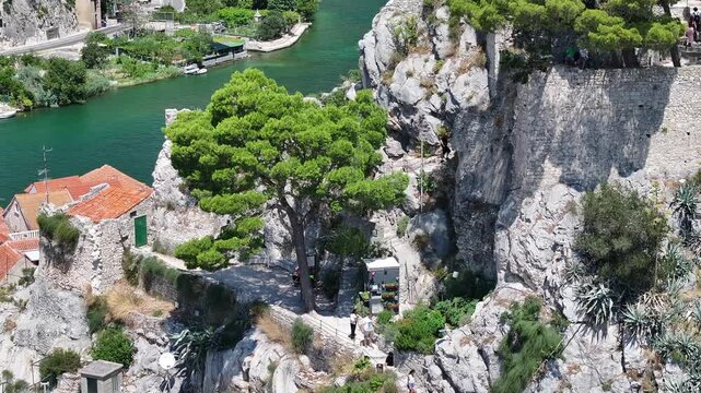 Stone stairs to Mirabella Fortress drone view
