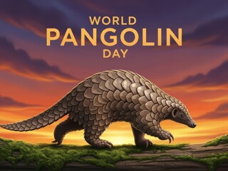 Epic Sunset Panorama Features Majestic Pangolin in Natural Grassland Habitat