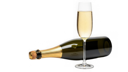 Champagne bottle and glass isolated on transparent background isolated on white background
