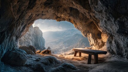 Dramatic Cave Opening with Glowing Manger and Scenic Landscape