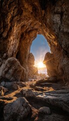 Obraz premium Sunrise Halo Through Rocky Cave Arch with Glowing Manger in Foreground