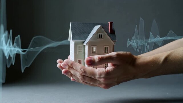 A conceptual studio shot of hands cradling a small house model as glowing seismic waves pass through, symbolizing home protection, structural safety, and earthquake insurance coverage.