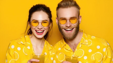 Joyful Couple in Matching Yellow Outfits Enjoying Refreshing Drinks Against Vibrant Background