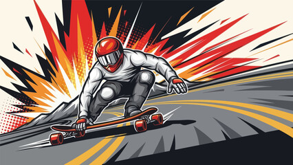Obraz premium Skateboarder speeding downhill in bold action illustration