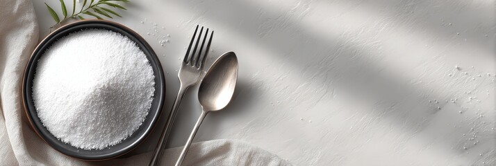 Minimalist food or kitchen concept with black bowl of white granules, silver cutlery, and green leaf on textured white background for culinary branding or seasonal design