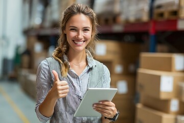 Smiling Female Logistician with Tablet Giving Thumbs-Up in Warehouse