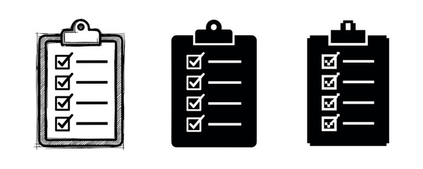 Three styles of checklists on clipboards: sketched, solid, and bold line designs