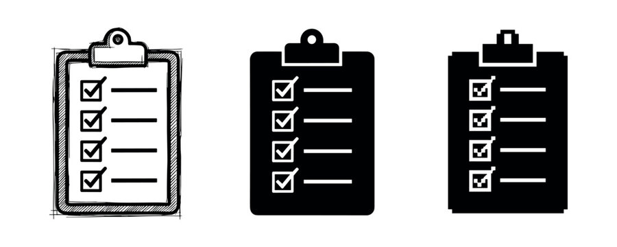 Three styles of checklists on clipboards: sketched, solid, and bold line designs - Powered by Adobe
