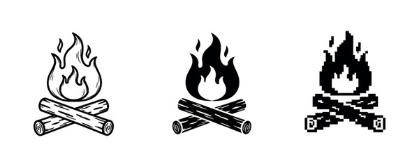 Fototapeta premium Three campfire icons: vintage, modern, and pixel art styles in black and white