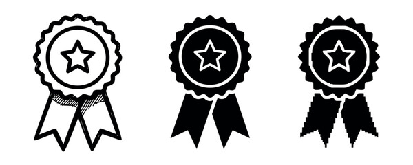 Set of three star ribbon medals in black and white design