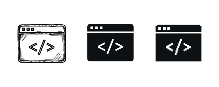 Web development icons set: browser windows with code brackets