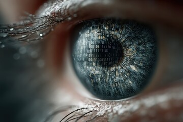 Close-up of an eye with a digital reflection of binary code, futuristic and tech-inspired