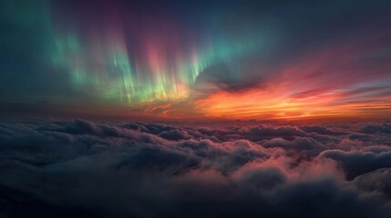 Majestic aurora borealis over scenic cloudscape at sunset.