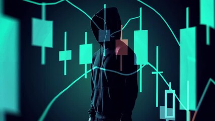 Hooded cybercriminal examining cryptocurrency trading charts, revealing digital finance vulnerabilities and potential security risks for blockchain technology - Powered by Adobe