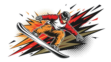 Snowboarder performing jump against a burst background vector illustration © Muh