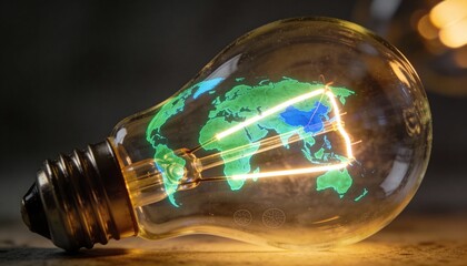 A creative and realistic image of a vintage light bulb where the glowing filament is shaped like the Earth, symbolizing the power of sustainable energy and environmental awareness.