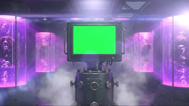 Sci-Fi Steampunk Laboratory: Central Green Screen Monitor, Bubbling Purple Biotech Vats, Mysterious Experiment