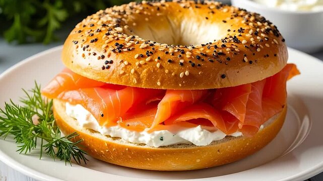 Delicious bagel with cream cheese and salmon, garnished with dill.