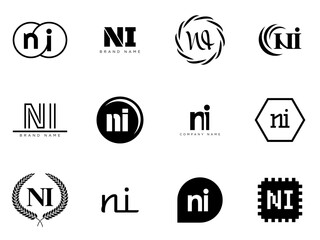 NI logo company template. Letter n and i logotype. Set different classic serif lettering and modern bold text with design elements. Initial font typography.