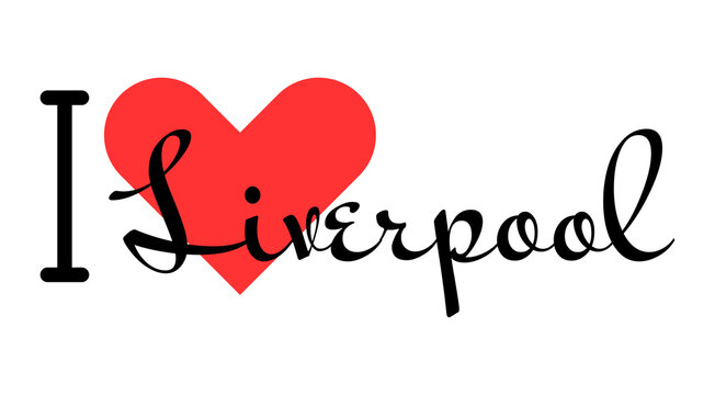 I love Liverpool, city of United Kingdom. Hand drawn letters with red heart. Vector illustration lettering, modern design