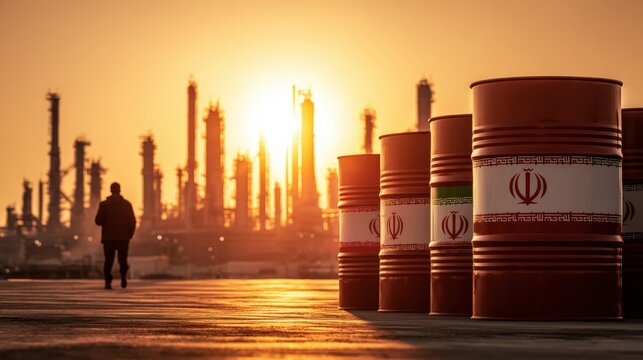 Iranian Oil Barrels at Refinery Complex in Golden Sunset Silhouette
