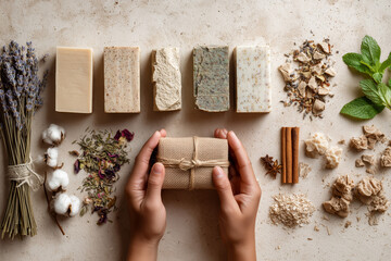 Handmade soap flatlay, natural soap bars, beige tones, light background, copy space