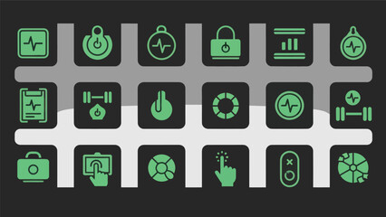 Abstract digital icons set on a dark background with glowing green