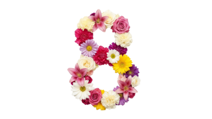 Floral arrangement of number eight with colorful flowers in a bright and festive style