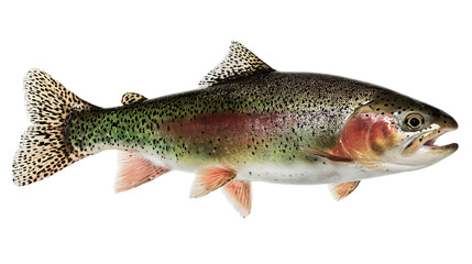 Obraz premium Rainbow trout side view with pink stripe and black spots isolated on a transparent background