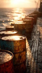 Fototapeta premium Angolan Oil Barrels at Coastal Terminal with Dramatic Sunlight and Ocean View