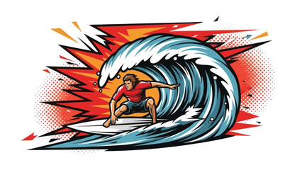 Surfer riding wave illustration against white background for design element © Muh
