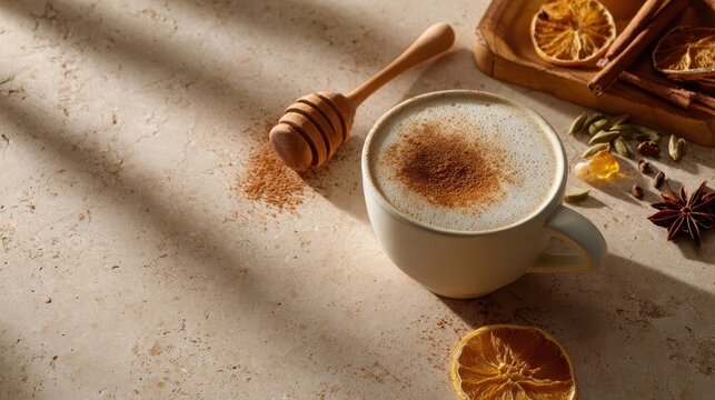 Spiced chai latte with cinnamon, honey, cardamom, and dried orange on warm neutral background