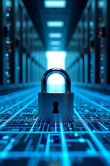 Shiny Padlock Securing Server Room Data Center Corridor