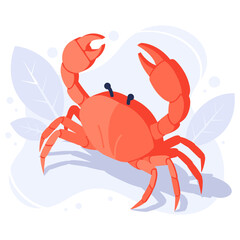Vibrant red crab with raised claws on a blue abstract background