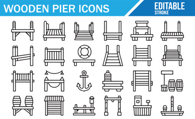 Naklejka premium Vector graphic elements of wooden piers, ladders, and lifebuoys.