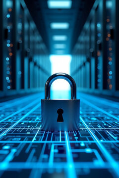 Shiny Padlock Securing Server Room Data Center Corridor